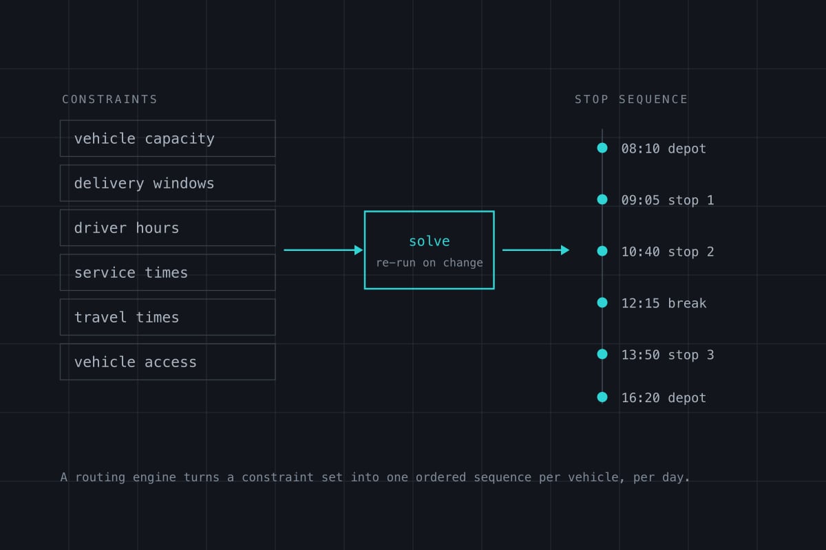 Schematic — capacity, delivery windows, driver hours and travel times feeding a solver that returns one timed stop sequence.